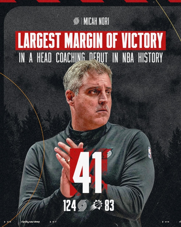 开拓者主帅诺里NBA执教首秀率队拿下41分大胜 创历史纪录！